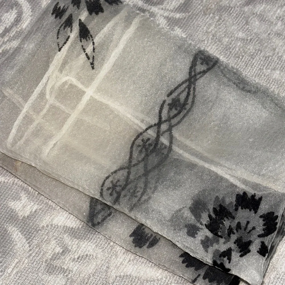 Vintage Made in Japan Sheer White Scarf Black‎ Floral Flocked Square Neckerchief